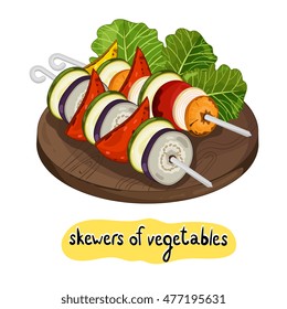 Grilled vegetables kebab isolated on white background vector illustration. Roasted veggie food. Assorted vegetables barbecue.