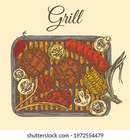 Grilled vegetables and grilled meat. burger, sausage, steak, mushrooms, corn and zucchini slice. Color. Engraving style. Vectore illustration.