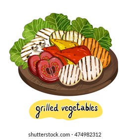 Grilled vegetables on cutting board on white background