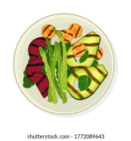 Verduras a la parrilla servidas en una placa con vectores de vegetación Ilustración