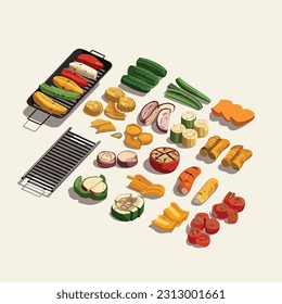 Vegetación isométrica aislada de verduras a la parrilla 