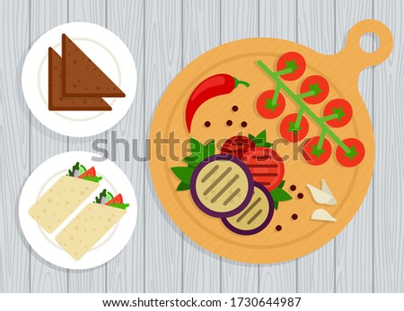 Grilled vegetables, shawarma and bread on plates