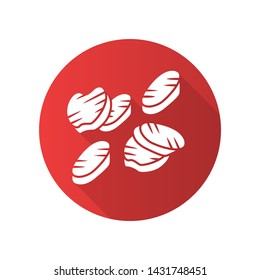 Grilled vegetables slices flat design long shadow glyph icon. Roasted vegetarian food. Healthy nutrition. Cafe menu. Grilled dish, assorted vegetables barbecue. Vector silhouette illustration