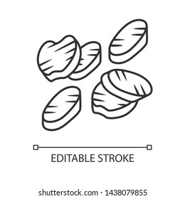 Grilled vegetables slices linear icon. Roasted vegetarian food. Healthy nutrition. Restaurant, cafe menu. Thin line illustration. Contour symbol. Vector isolated outline drawing. Editable stroke