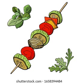 Grilled vegetables. Tomatoes, squash,  onions, peppers, marjoram and arugula. Without meat. Vector cartoon illustration. Stock illustration. Isolated on a white background.