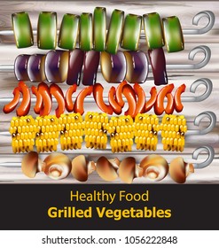 Grilled vegetables vegan kebabs Vector. Healthy food vegetarian style
