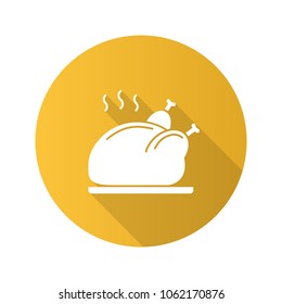 Grilled whole chicken flat design long shadow glyph icon. Thanksgiving turkey. Vector silhouette illustration