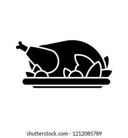 Grilled whole chicken glyph icon. Thanksgiving Day turkey. Silhouette symbol. Negative space. Vector isolated illustration