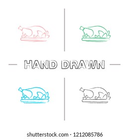 Grilled whole chicken hand drawn icons set. Thanksgiving Day turkey. Color brush stroke. Isolated vector sketchy illustrations