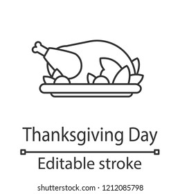 Grilled whole chicken linear icon. Thin line illustration. Thanksgiving Day turkey. Contour symbol. Vector isolated outline drawing. Editable stroke