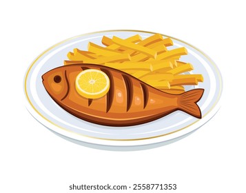 Grilled whole fish and french fries on a plate vector illustration. Baked whole fish icon isolated on a white background. Fried fish with lemon drawing. Fish and Chips vector