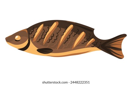 Grilled whole fish. Isolated juicy sea fish with strips from the grill. A ready-made dish for a restaurant, a menu for a cafe, a banner with a place to copy on a white background