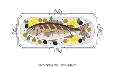 Grilled whole fish on a platter with lemon, olives, and parsley garnish, surrounded by a decorative frame with bows.
