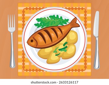 Grilled whole fish and potatoes on a plate top view vector illustration. Baked fish with potatoes on a wooden table above view vector. Fried fish and arugula on a plate drawing