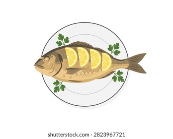 Grilled Whole Gilt-head Bream Fish with Lemon Slices and Parsley on a Plate