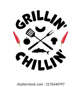 Grillin Chillin Barbecue party Grill tools Spatula Fork with Sausage Tomato Mushroom Fish Chili Pepper Grilling and Chilling