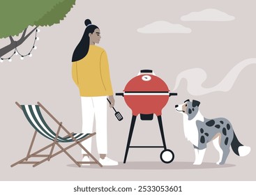 Grilling in the backyard, a person stands in front of a red grill, cooking delicious food while an enthusiastic dog watches eagerly, enjoying the warmth of a sunny afternoon