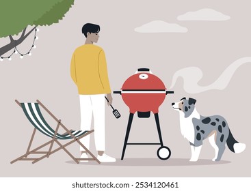 Grilling in the backyard, a person stands in front of a red grill, cooking delicious food while an enthusiastic dog watches eagerly, enjoying the warmth of a sunny afternoon