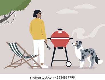 Parrillando en el patio trasero, una persona se para frente a una parrilla roja, cocinando deliciosa comida mientras un perro entusiasta observa con entusiasmo, disfrutando del calor de una tarde soleada