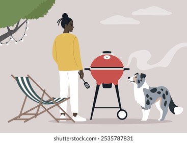 Grilling in the backyard, a person stands in front of a red grill, cooking delicious food while an enthusiastic dog watches eagerly, enjoying the warmth of a sunny afternoon