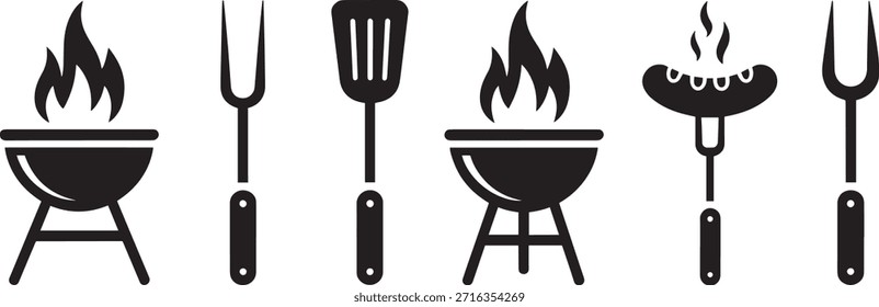 Grelhar e churrasco ícone conjunto com ferramentas e salsicha quente