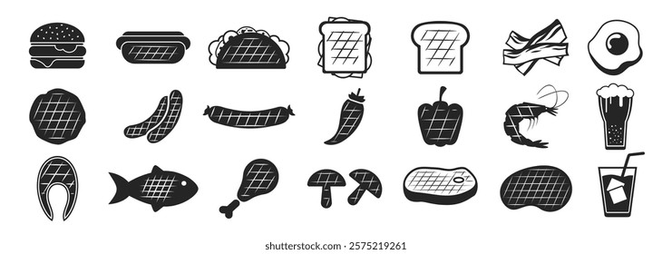 Grilling BBQ food icons set. Grilled meat, burgers, sausages, fish and vegetables. Isolated signs on transparent background