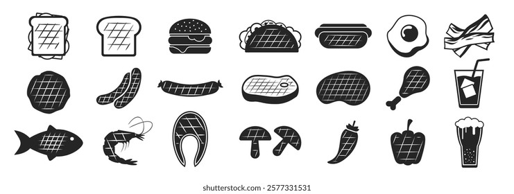 Grilling BBQ food icons set. Grilled meat, burgers, sausages, fish and vegetables. Isolated signs on transparent background