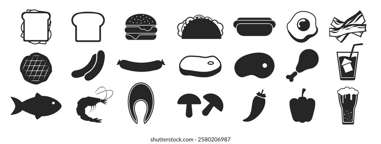 Grilling BBQ food icons set. Grilled meat, burgers, sausages, fish and vegetables. Isolated signs on transparent background