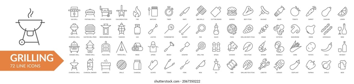 Juego de iconos de línea de barbacoa. Signos aislados sobre fondo blanco. Ilustración vectorial. Colección