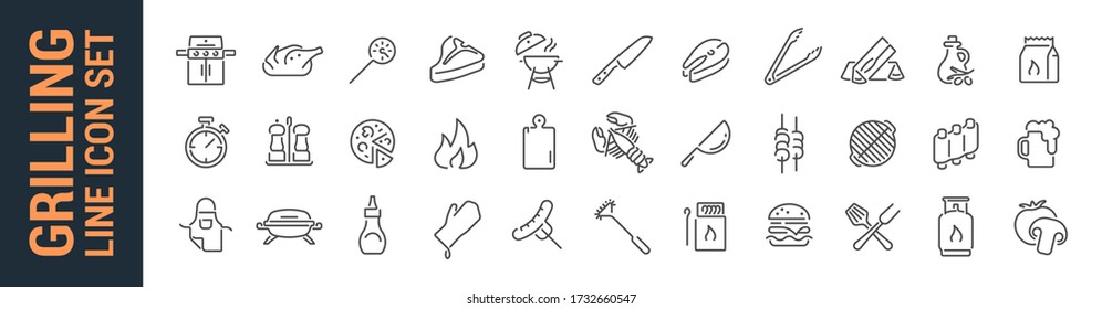 Grilling BBQ vector isolated line icon set. Barbecue & grill. Tools & food. Collection