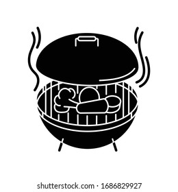 Grilling black glyph icon. Barbecue preparation process, cooking food on heated grid. Culinary method, picnic silhouette symbol on white space. Roasted vegetables and meat vector isolated illustration
