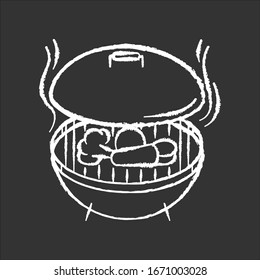 Grilling chalk white icon on black background. Barbecue preparation process, cooking food on heated grid. Culinary method, picnic. Roasted vegetables and meat isolated vector chalkboard illustration