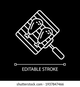 Grilling chicken drumsticks white linear icon for dark theme. Barbecue party. BBQ cookery. Thin line customizable illustration. Isolated vector contour symbol for night mode. Editable stroke