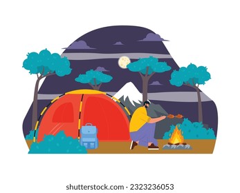 Grilling fish on a bonfire while spending the night in a tent, to eat, camping vector illustration.