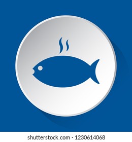 grilling fish with smoke - simple blue icon on white button with shadow in front of blue square background