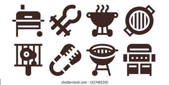 grilling icon set. 8 filled grilling icons.  Collection Of - Bbq, Grill, Tongs