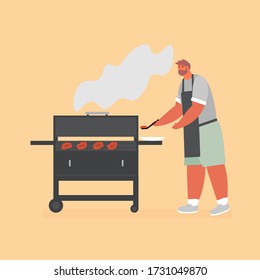 Grilling. Man cooks steaks on the grill. Cartoon vector illustration