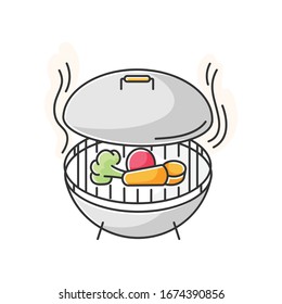 Grilling RGB color icon. Barbecue preparation process, cooking food on heated grid. Culinary method, picnic. Roasted vegetables and meat isolated vector illustration