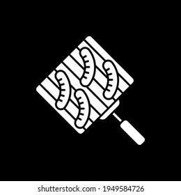 Grilling sausages dark mode glyph icon. Roasting meat. Barbecue cooking. Outdoor picnic food preparation. Hot meal. White silhouette symbol on black space. Vector isolated illustration