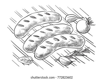 Grilling sausages on barbecue grill. Vector illustration