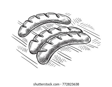 Grilling sausages on barbecue grill. Vector illustration