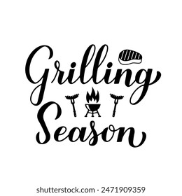 Temporada de parrillada caligrafía letra de mano aislada en blanco. Cita de barbacoa divertida. Vector Plantilla para tipografía póster, Anuncio, volante, pegatina, camisa, etc