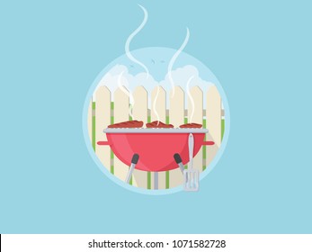 Grilling stakes on outdoor barbecue. Vector flat illustration. 