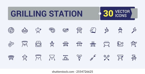 Grilling Station icon set. Related to beef, gas, fish, spatula, bbq, hot and more. Modern thin icons. Solid line editable vector illustration.