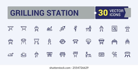 Grilling Station icon set. Related to beef, gas, fish, spatula, bbq, hot and more. Modern thin icons. Solid line editable vector illustration.