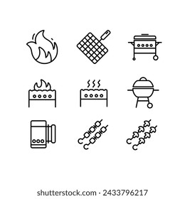 Grilling vector isolated line icon set. BBQ barbecue grill. Collection