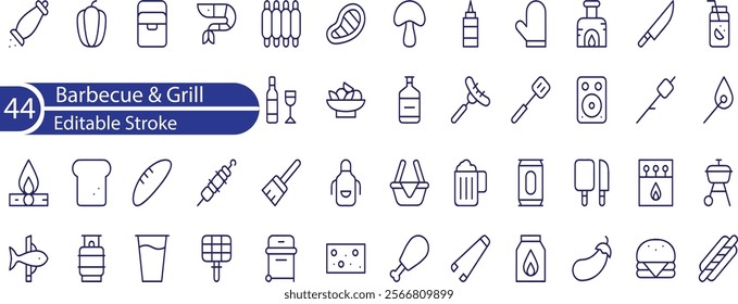 Grilling vector isolated line icon set. BBQ barbecue grill.