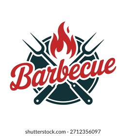 grills barbecue with fork and fire flame logo