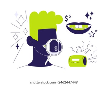 Grillz teeth abstract concept vector illustration. Young man having grillz teeth, oral medicine sector, fronts or golds, hip-hop industry, dental jewelry, precious tooth abstract metaphor.