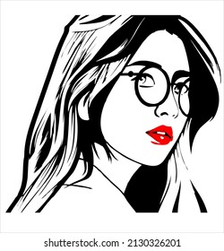 Gril's look red lips, with glasses